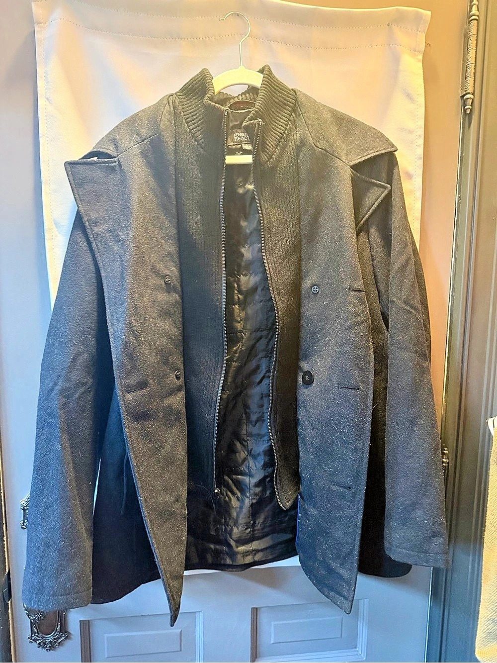 Kenneth Cole Reaction Men's Double Breasted Wool Blend Peacoat with Rib Knit Bib